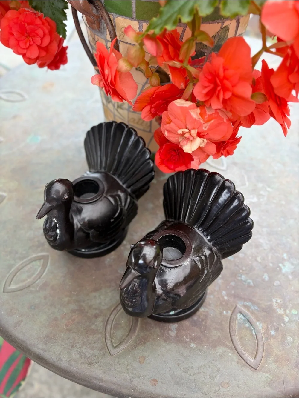 Pair Pottery Barn Black Bronze Turkey Taper Candle Holders Fall Thanksgiving